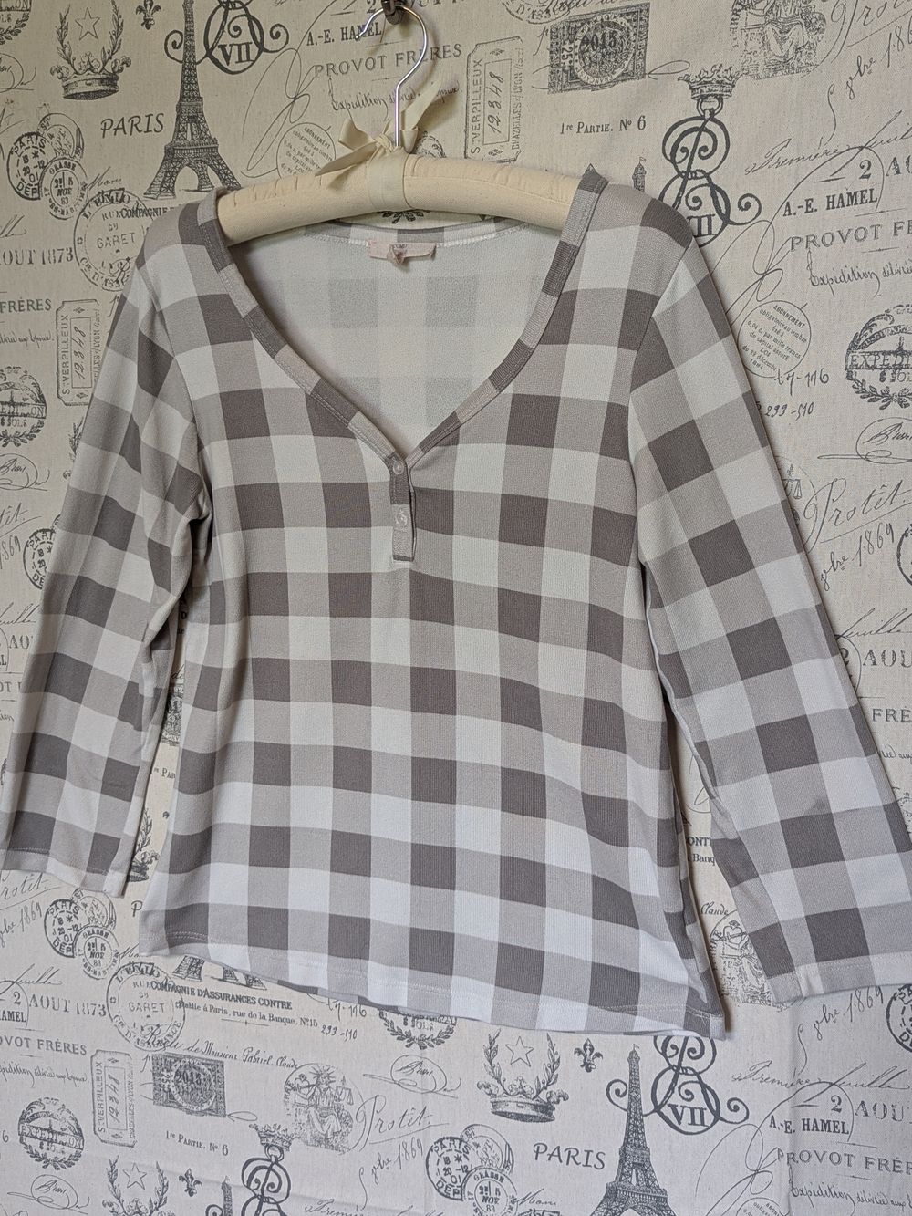 Buffalo Plaid Henley Soft Long Sleeve Top in Beige & White -Size Medium
